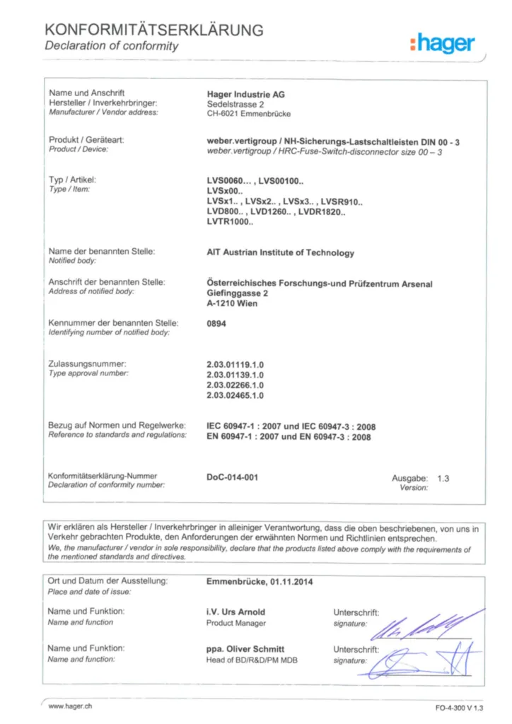 Bild Zertifikat für LVDRxx, LVS0xx, LVSGxx, LVSRxx, LVSWxx, LVTGxx, LVTRxx - Sicherungs-LastschaltleistEN-TRennleisten (Stand: 11.2014) | Hager Deutschland