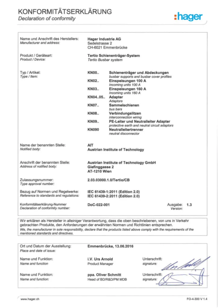 Bild Zertifikat für KN0xx - Zubehör (DE, Stand: 07.2016) | Hager Deutschland