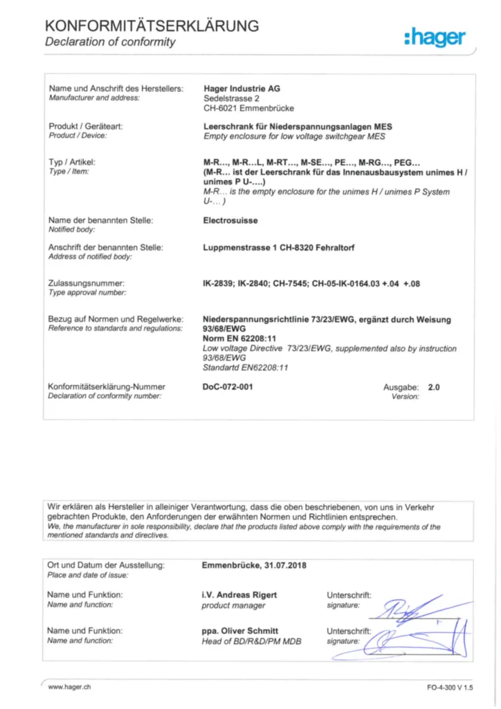 Image Declaration of conformity for mes empty enclosure  | Hager