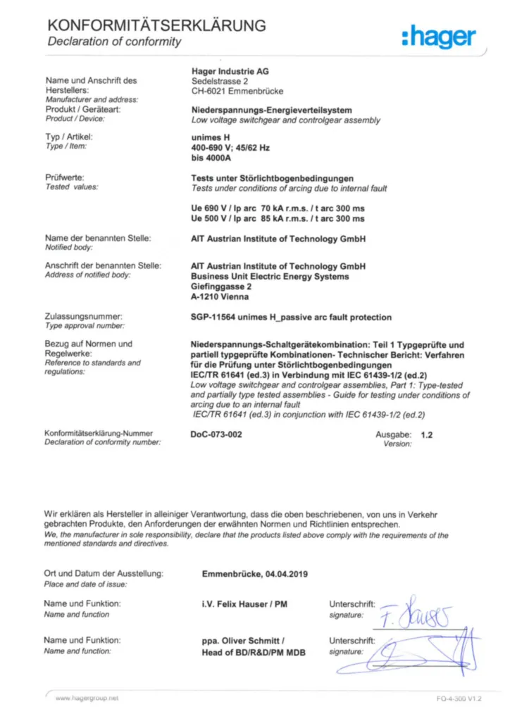 Image Déclaration de conformité pour unimes H - protection passive contre les arc électrique | Hager Suisse