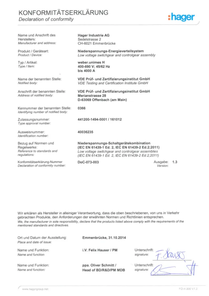 Image Déclaration de conformité pour unimes H 61439-1/-2 | Hager Suisse