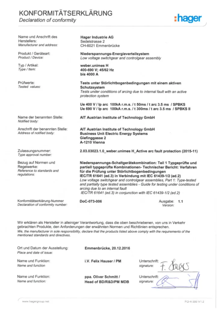 Image Déclaration de conformité pour unimes H - system de protection active contre les arc électrique | Hager Suisse