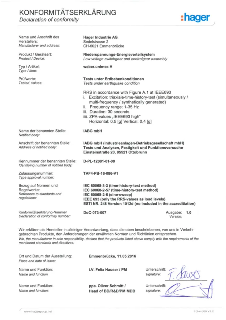 Image Déclaration de conformité pour unimes H - résistance aux chocs et aux séismes version 1.0 | Hager Suisse
