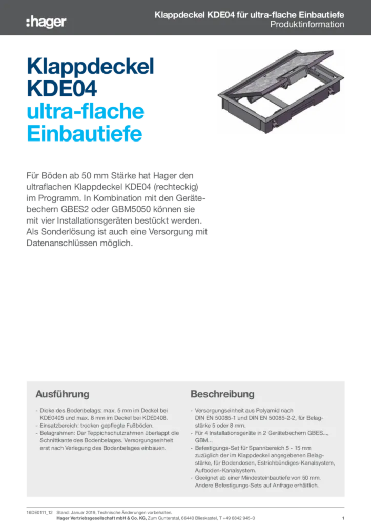 Bild Klappdeckel KDE04 für ultra-flache Einbautiefe | Hager Deutschland
