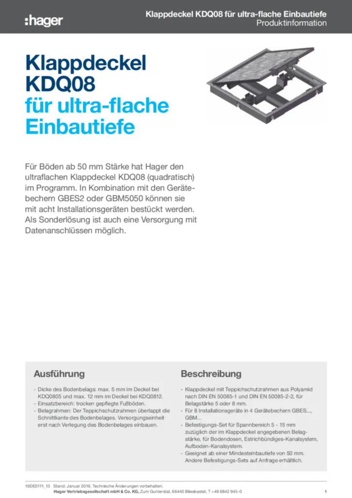 Bild Klappdeckel KDQ08 für ultra-flache Einbautiefe | Hager Deutschland