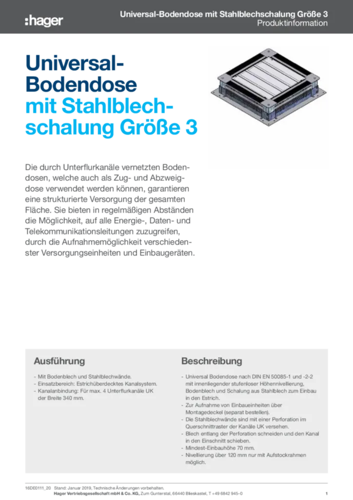 Bild Universal-Bodendose mit Stahlblechschalung Größe 3 | Hager Deutschland