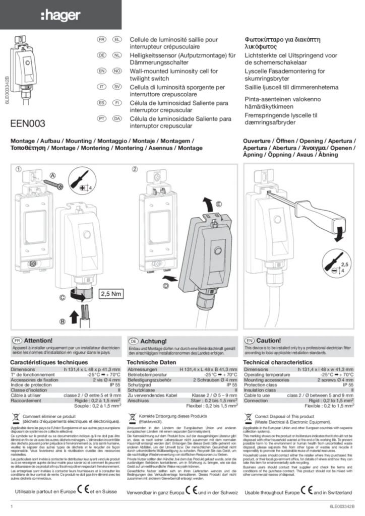 Bild Kurzanleitung für EEN003 - Helligkeitssensor (Aufputzmontage) für Dämmerungsschalter (multi-language, Stand: 09.2019) | Hager Deutschland