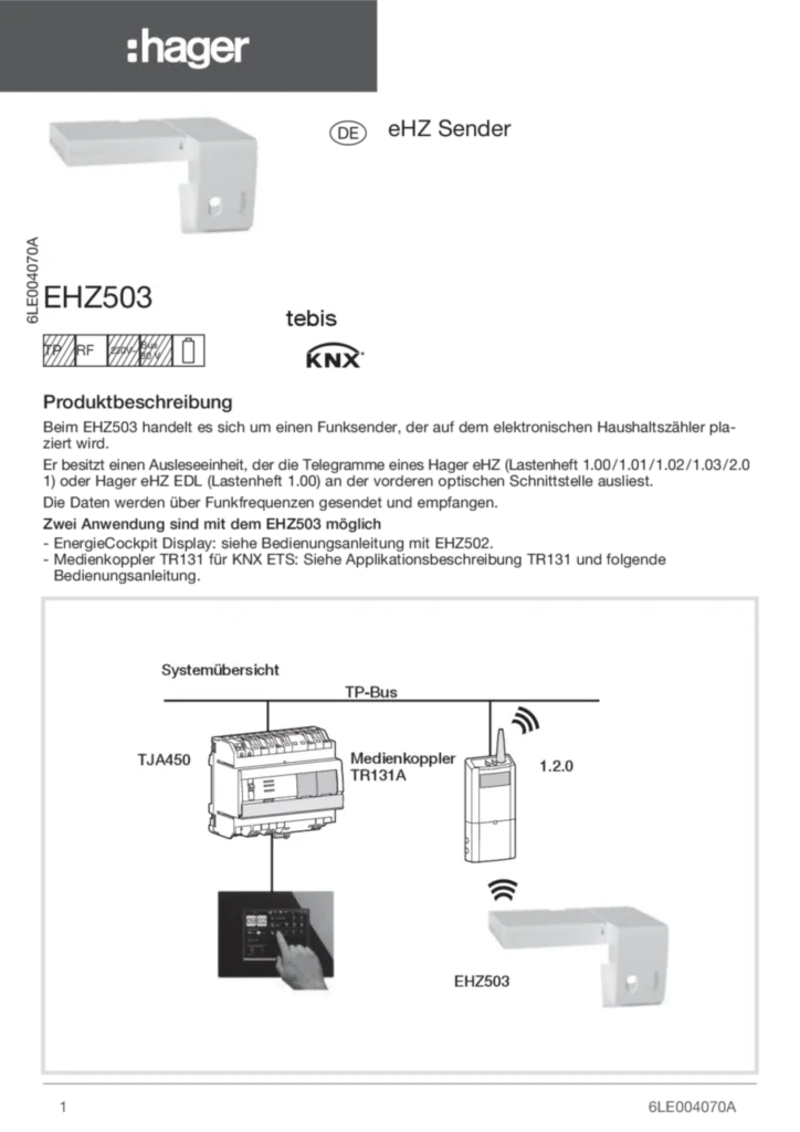 Bild Installationsanleitung für EHZ503 - EHZ Funkaufsatz zur Datenübertragung mittels KNX Funk (DE, Stand: 06.2017) | Hager Deutschland