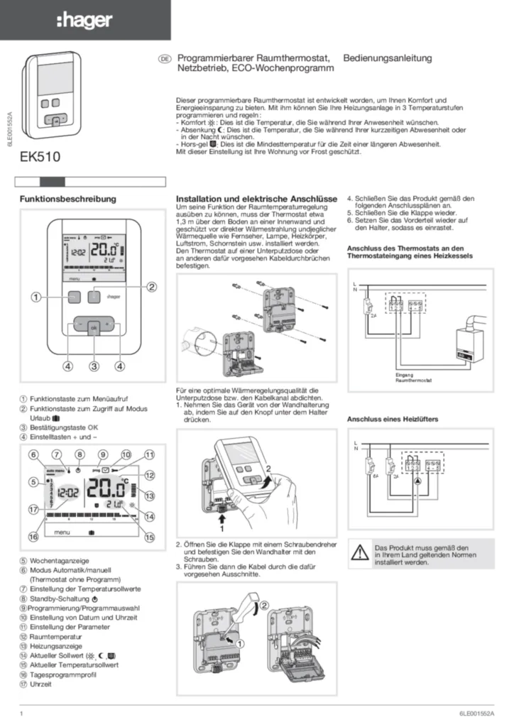 Bild Bedienungsanleitung für EK510 - Clock thermostat 230V 7 Days ECO (DE, Stand: 08.2017) | Hager Deutschland