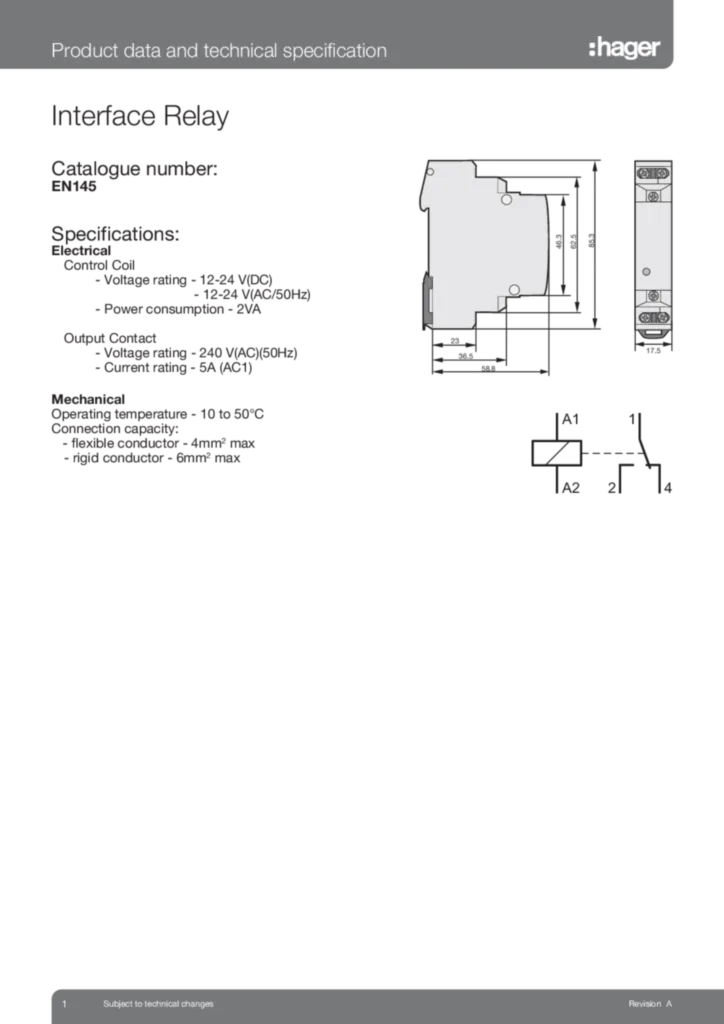 Image EN145 Interface Relay Product Data and Specification  | Hager Australia