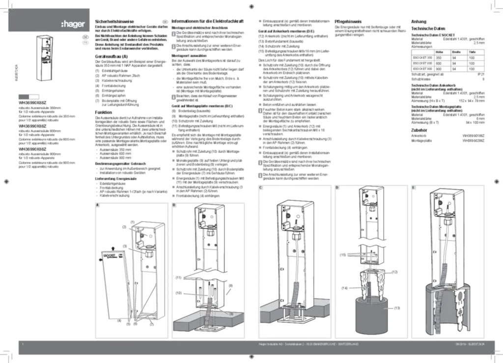 Bild Montageanleitung für WH36990X88Z - robusto Aussensäule für 1/2 robusto-Apparate (EN-IT-FR, Stand: 08.2019) | Hager Schweiz