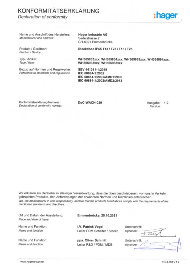 Bild Konformitätserklärung International 2021-10-26 | Hager Schweiz