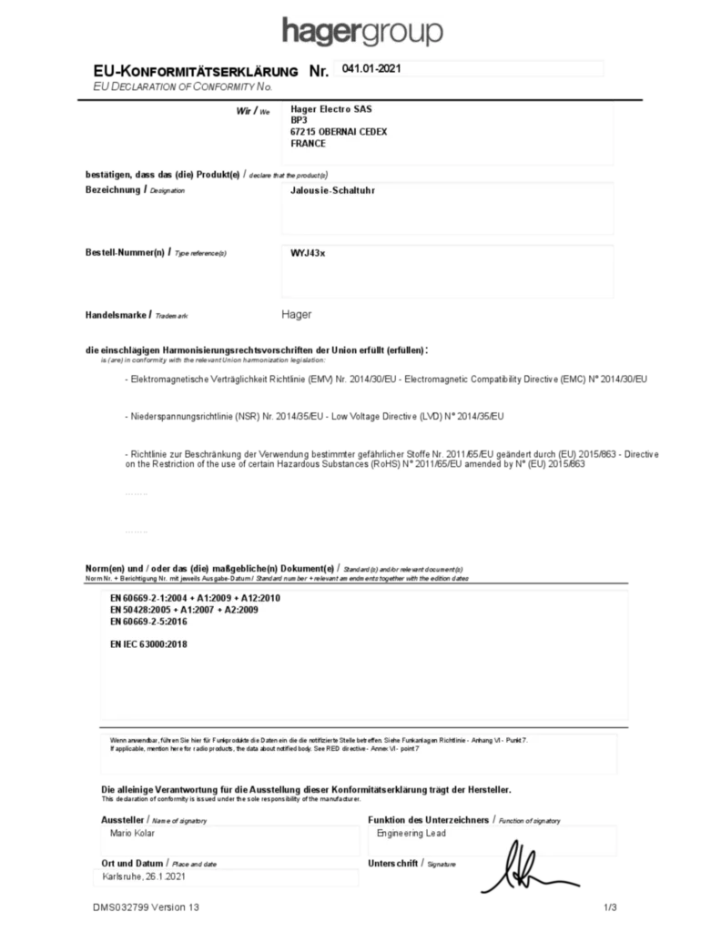 Bild Konformitätserklärung | Hager Deutschland