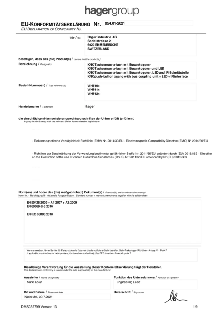 Image Declaration of Conformity | Hager Suisse