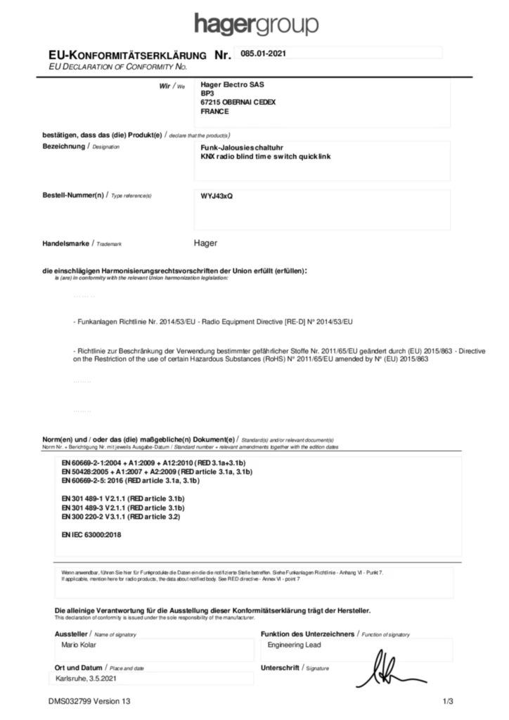 Bild Konformitätserklärung | Hager Deutschland