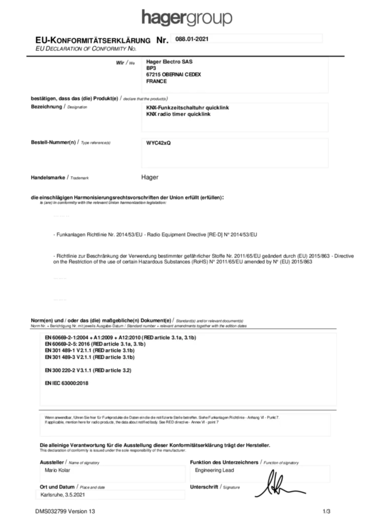 Bild Konformitätserklärung | Hager Deutschland