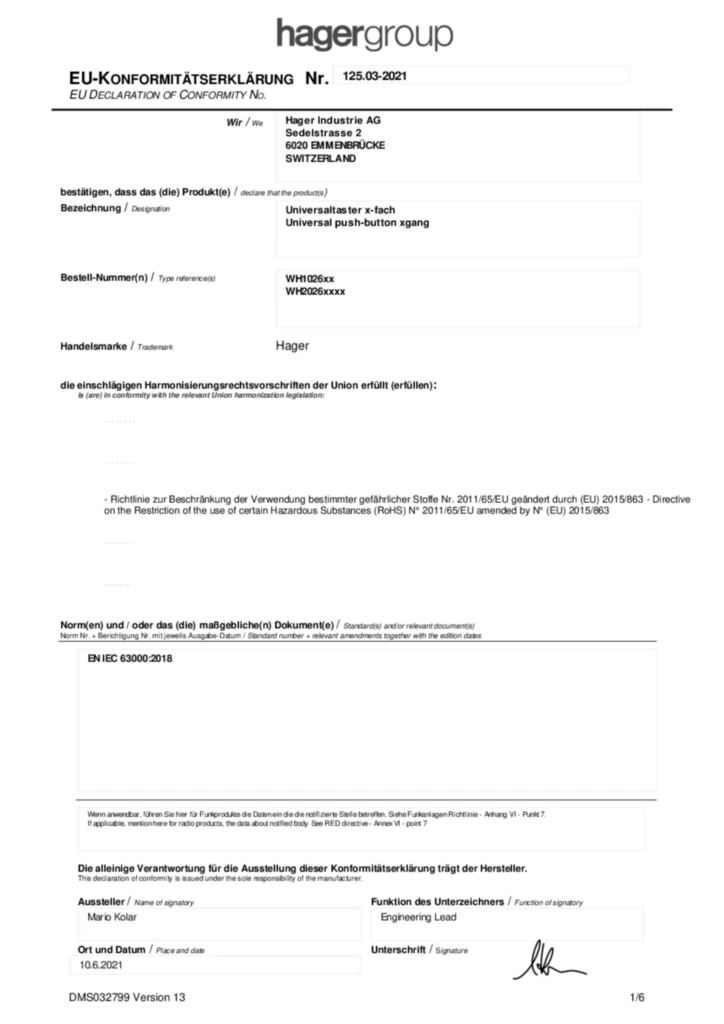 Bild Konformitätserklärung | Hager Schweiz