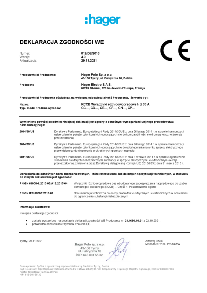 Zdjęcie RCCB Wyłączniki różnicowoprądowe In≤63A; CC…, CD…, CE…, CF…, CN…, CP… | Hager Polska