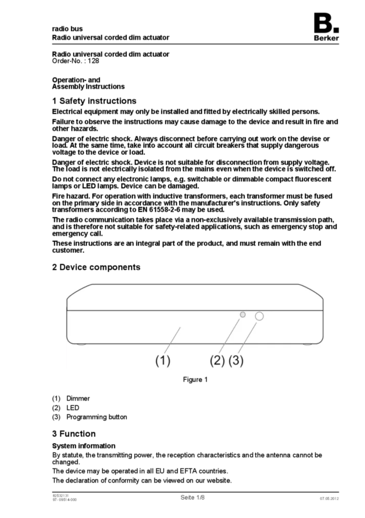 Bild Bedienungs- und Montageanleitung für 128 - Funk Universal-Schnurdimmaktor (EN, 2012-05) | Hager Deutschland
