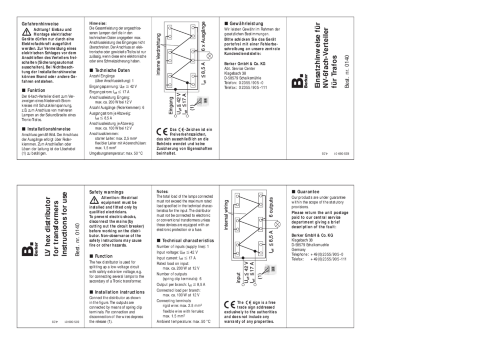 Bild Bedienungs- und Montageanleitung für 140 - Verteiler 6fach für Trafos (DE-EN, Stand: 04.2003) | Hager Deutschland