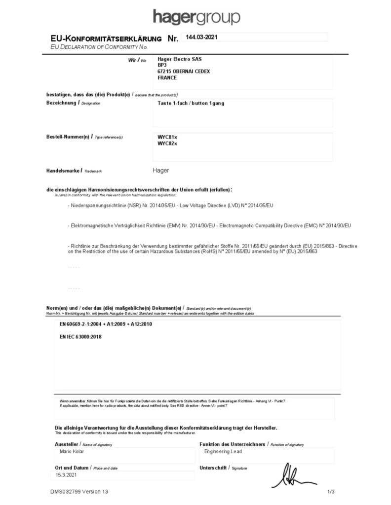 Bild Konformitätserklärung | Hager Deutschland