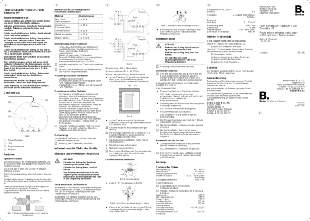 Image Manual for 179-17950 - Radio switch actuator flush-mounted, radio push-button actuator flush-mounted (DE-EN, 2012-05)  | Hager