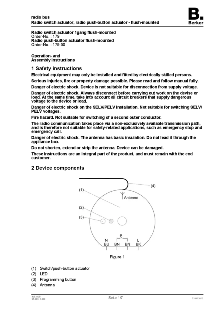 Image Manual for 179-17950 - Radio switch actuator flush-mounted, radio push-button actuator flush-mounted (EN, 2012-05)  | Hager