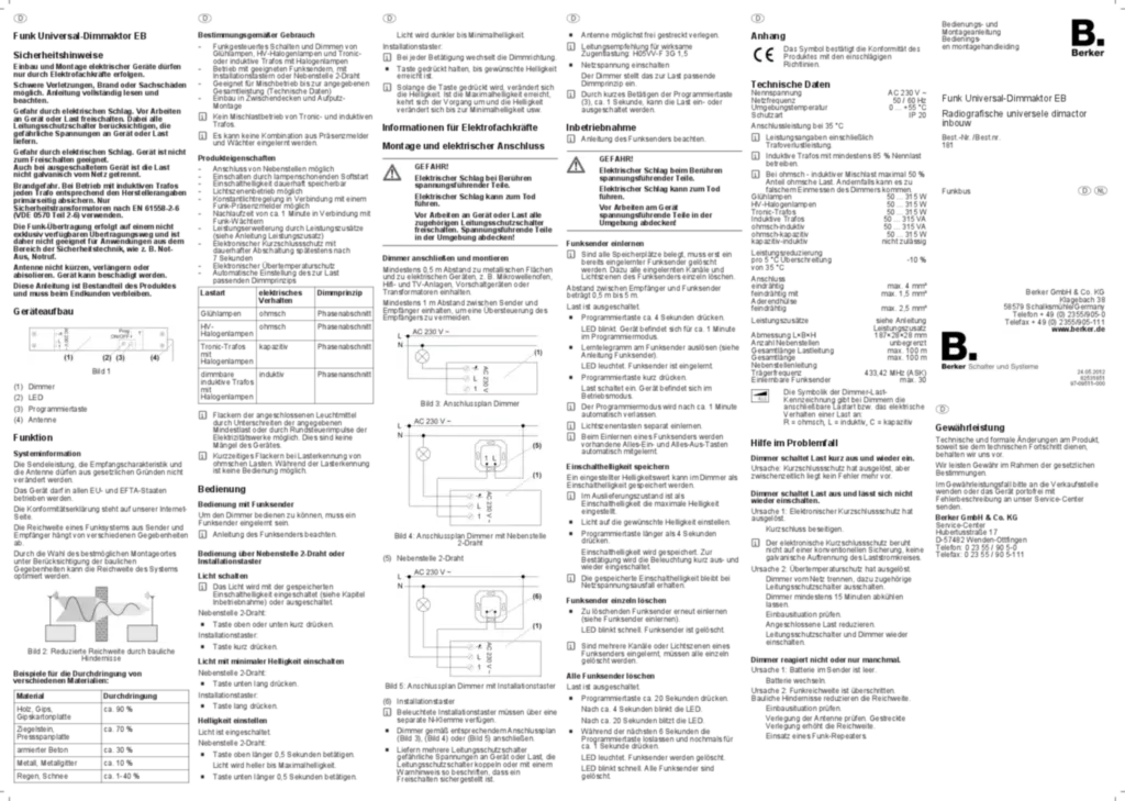 Bild Bedienungs- und Montageanleitung für 181 - Funk Universal-Dimmaktor EB (DE-NL, Stand: 05.2012) | Hager Deutschland