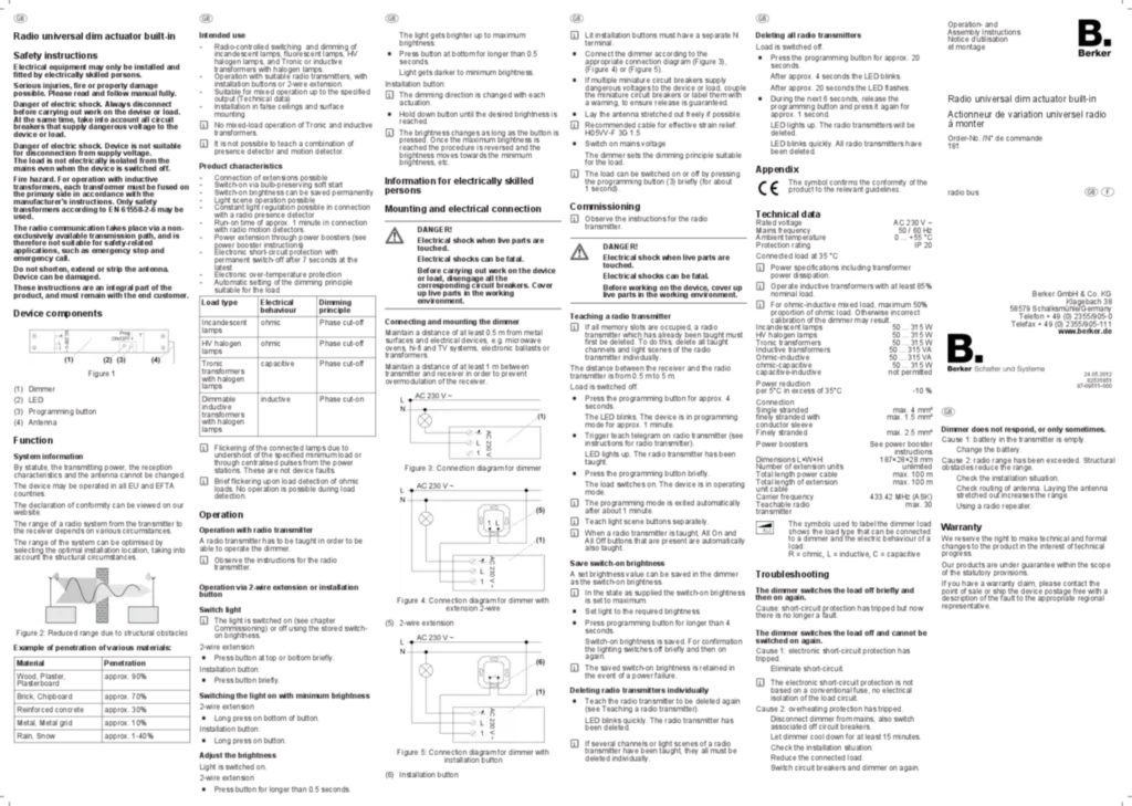 Bild Bedienungs- und Montageanleitung für 181 - Funk Universal-Dimmaktor EB (EN-FR, 2012-05) | Hager Deutschland