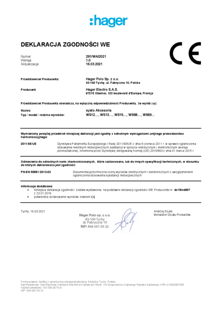 Zdjęcie systo Akcesoria; WS12…, WS13…, WS15…, WS68…, WS69… | Hager Polska
