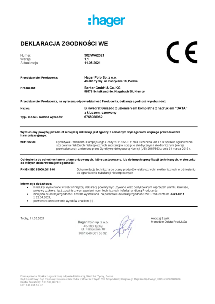 Zdjęcie B.Kwadrat Gniazdo z uziemieniem kompletne z nadrukiem 