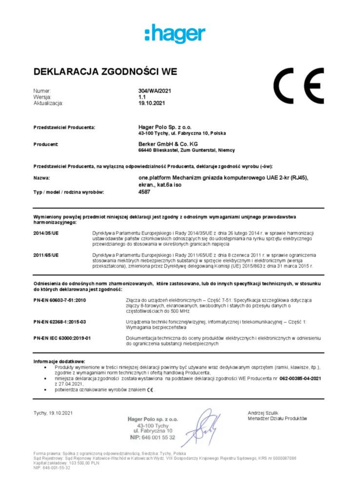 Zdjęcie 4587 one.platform Mechanizm gniazda komputerowego UAE 2-kr (RJ45), ekran., kat.6a iso | Hager Polska