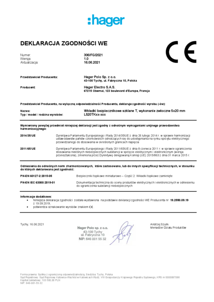 Zdjęcie Wkładki bezpiecznikowe szklane T, wykonanie zwłoczne 5x20 mm; L520TKxx-xxx | Hager Polska