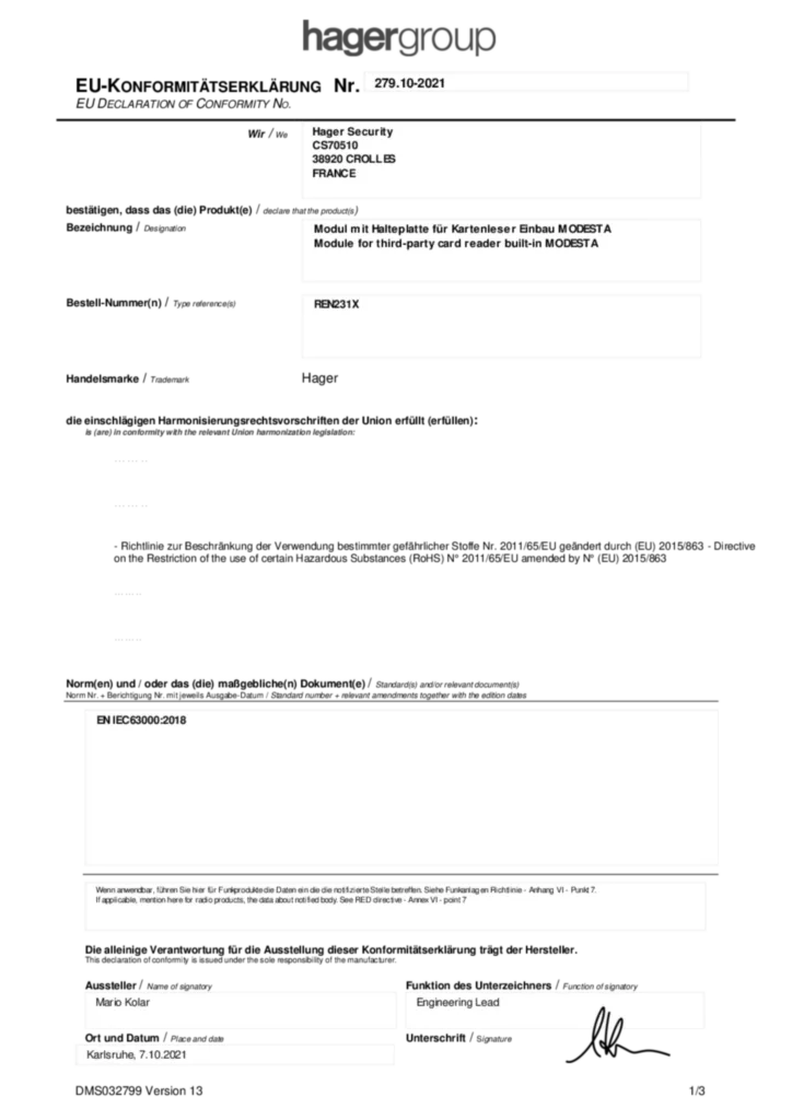 Image Declaration of Conformity | Hager France