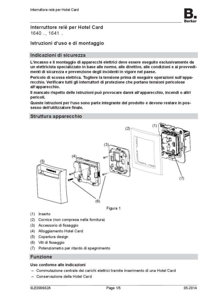 Immagine Manual for 1640xx-1641xx - Relay switch for hotel card (IT 2014-05) | Hager Italia