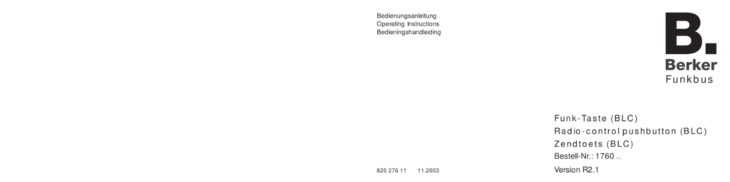 Bild Bedienungs- und Montageanleitung für 1760xx - BLC Funk Taste (DE-EN-NL, Stand: 11.2003) | Hager Deutschland