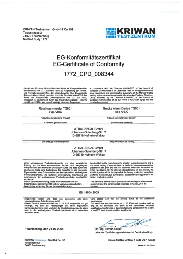 Bild EG-Konformitätszertifikat für TG501x - Rauchwarnmelder VdS, Drahtvernetzbar | Hager Deutschland