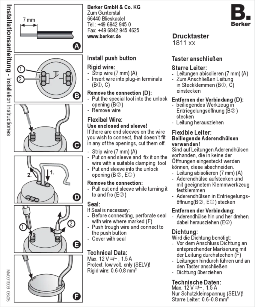 Bild Bedienungs- und Montageanleitung für 1811xx - Drucktaster, Schließer (DE-EN, Stand: 06.2005) | Hager Deutschland