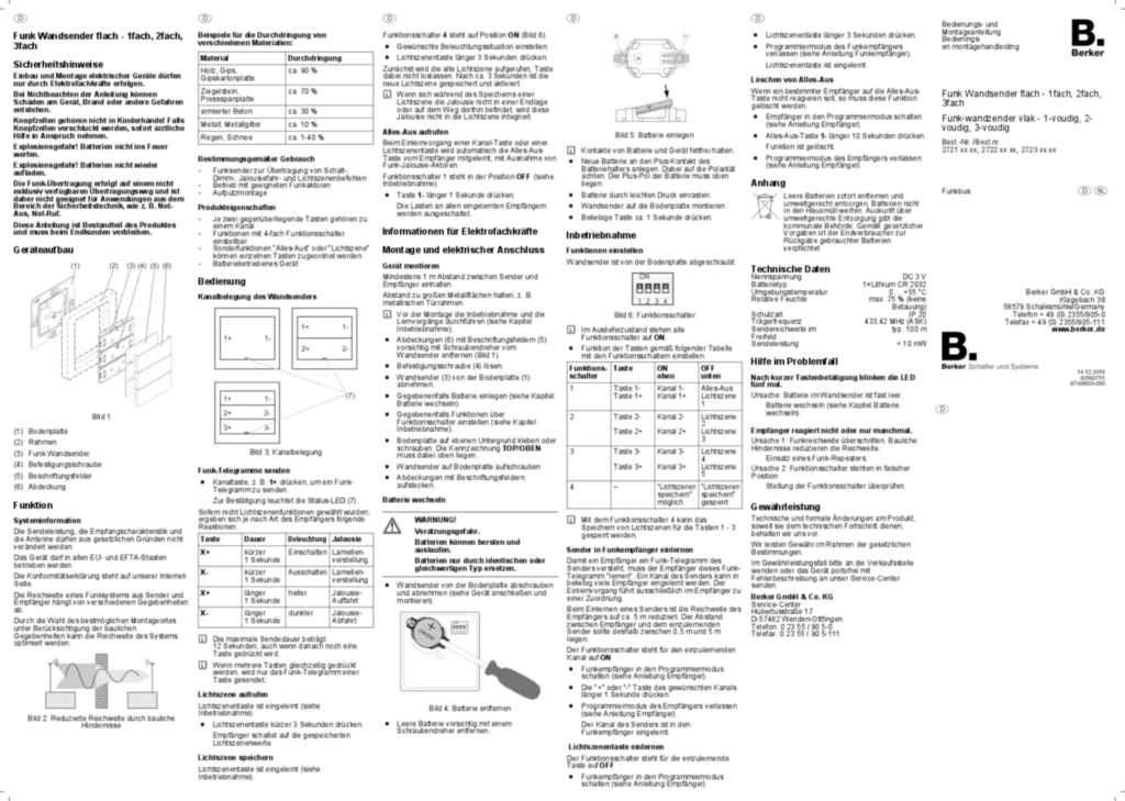 Bild Bedienungs- und Montageanleitung für 2721xx, 2722xx, 2723xx - Funk Wandsender 1/2/3fach flach (DE-NL, Stand: 12.2010) | Hager Deutschland