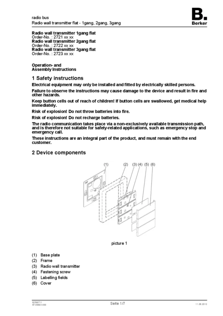 Bild Bedienungs- und Montageanleitung für 2721xx-2722xx-2723xx - Funk Wandsender 1/2/3fach flach (EN, 2010-08) | Hager Deutschland