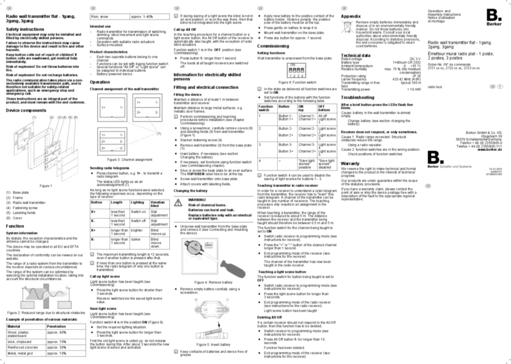 Bild Bedienungs- und Montageanleitung für 2721xx-2722xx-2723xx - Funk Wandsender 1/2/3fach flach (EN-FR, 2010-12) | Hager Deutschland