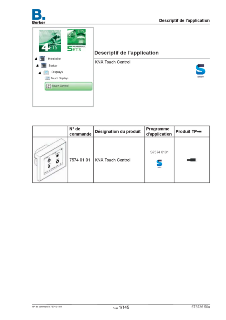 Image Description de l'application ETS pour75740101 - KNX Touch Controller  (FR, 2016-07), ETS link | Hager Belgique