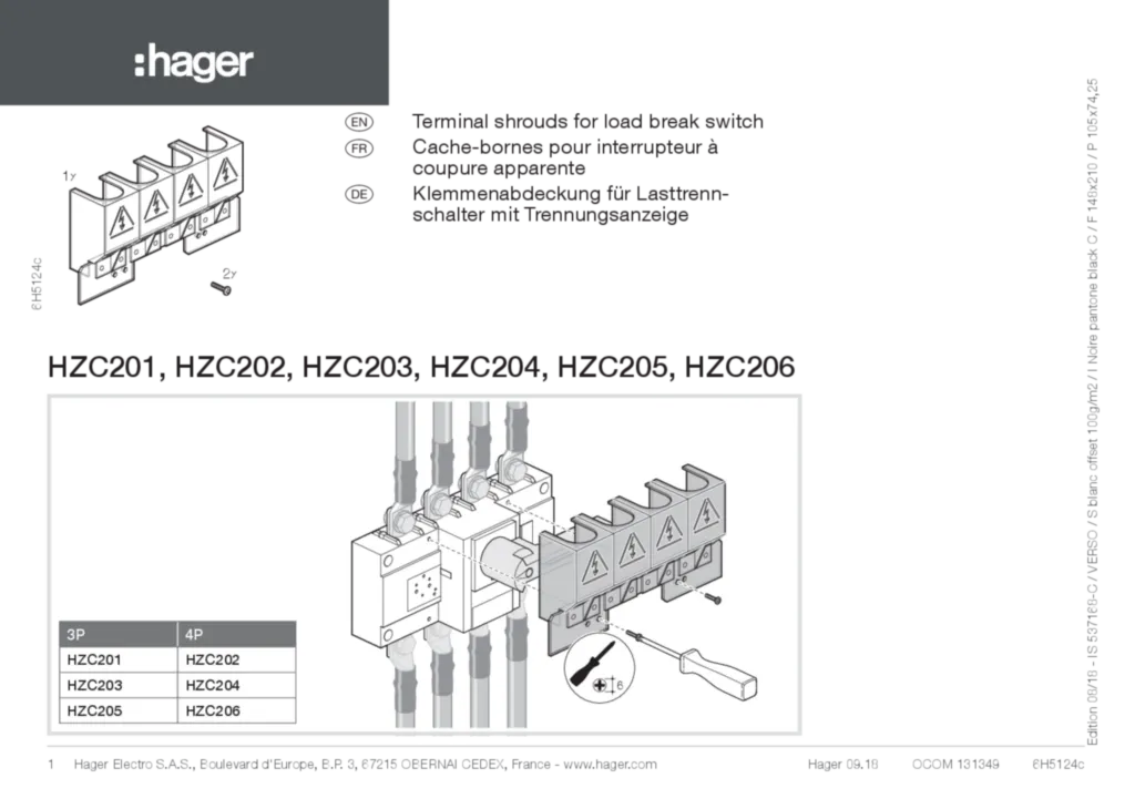 Bild Montageanleitung für HZC201 - Klemmenabdeckungen (FR-EN-DE, Stand: 09.2018) | Hager Deutschland