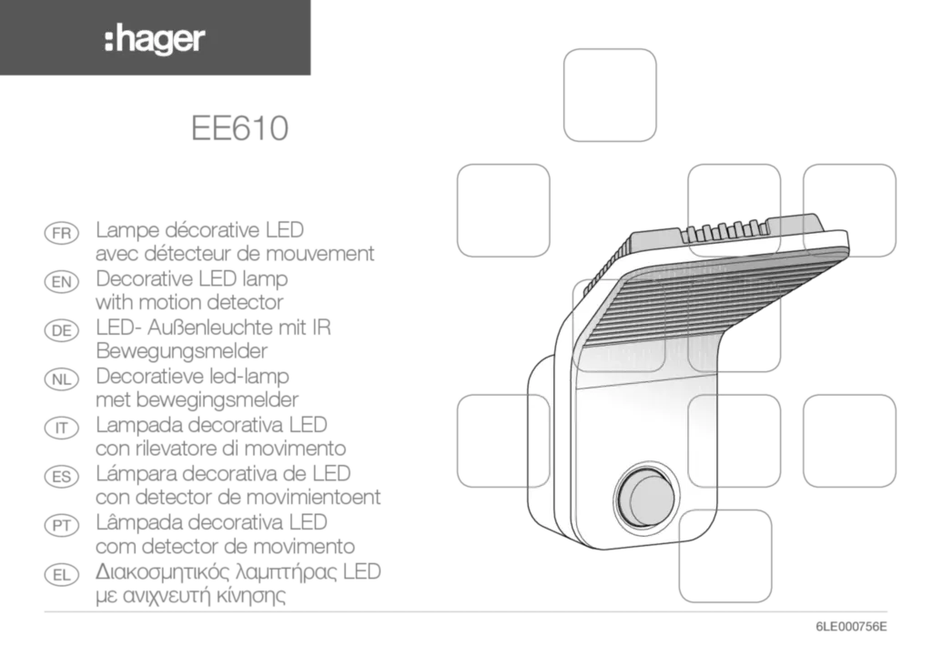 Bild Installationsanleitung für EE610 - Außenbewegungsmelder 140° mit LED-Leuchte, IP55 (PT-EL-EN-IT-FR-ES-NL, Stand: 05.2019) | Hager Deutschland