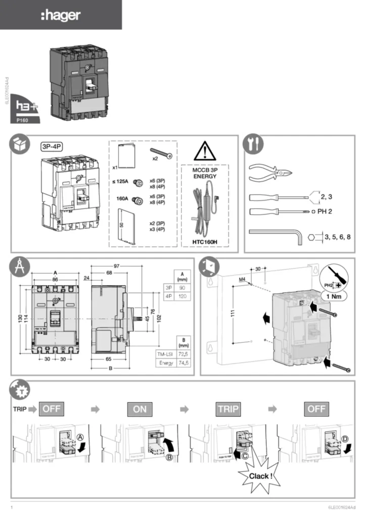 Image Notice d'installation pour Disjoncteur boitier moulé h3+ P160 (Date: 2020-03) | Hager Belgique