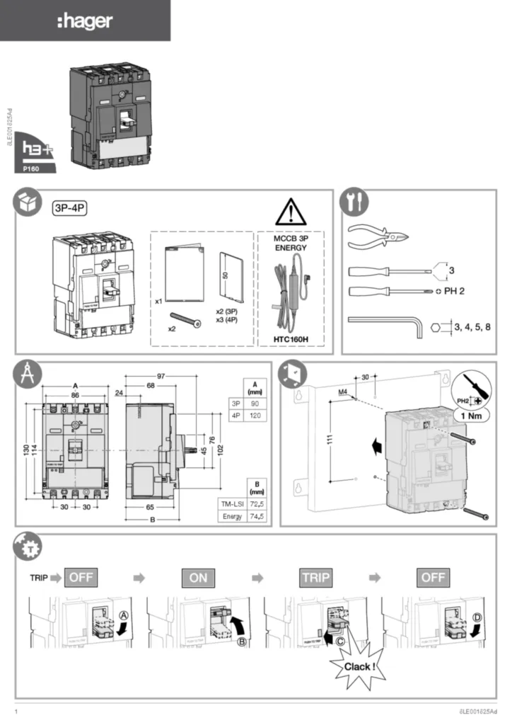 Image Notice d'installation pour Disjoncteur boitier moulé h3+ P160 (Date: 2020-03) | Hager France