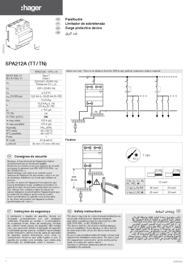 Image notice parafoudre SPA212A | Hager France