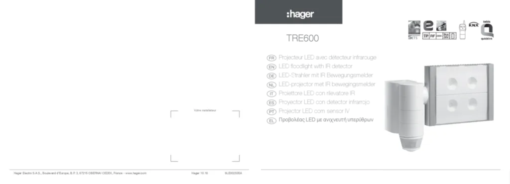 Bild Installationsanleitung für TRE600 - Funk- Außenbewegungsmelder IP55 mit LED- Strahler, quicklink (DE-PT-EL-EN-IT-FR-ES-NL, Stand: 10.2016) | Hager Deutschland