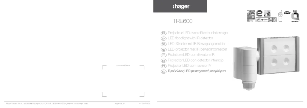 Bild Installationsanleitung für TRE600 - Funk- Außenbewegungsmelder IP55 mit LED- Strahler, quicklink (DE-PT-EL-EN-IT-FR-ES-NL, Stand: 05.2019) | Hager Deutschland