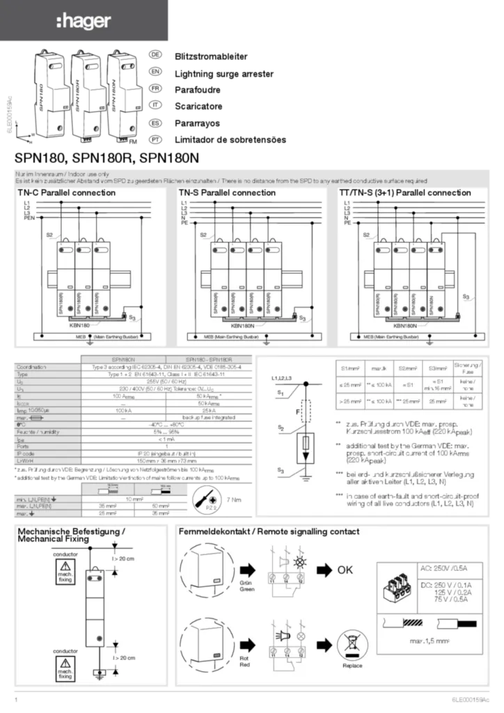 Bild Montageanleitung für SPN180 - Kombi-Ableiter 1-polig mit Ableitervorsicherung (DE-EN-IT-FR-ES, Stand: 03.2019) | Hager Deutschland